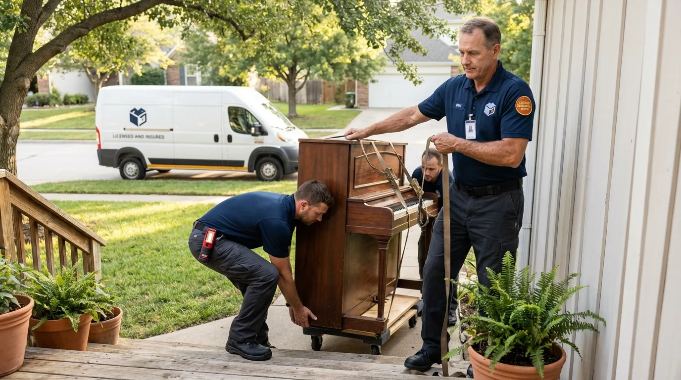 Licensed piano movers securing grand piano in Clinton, MT