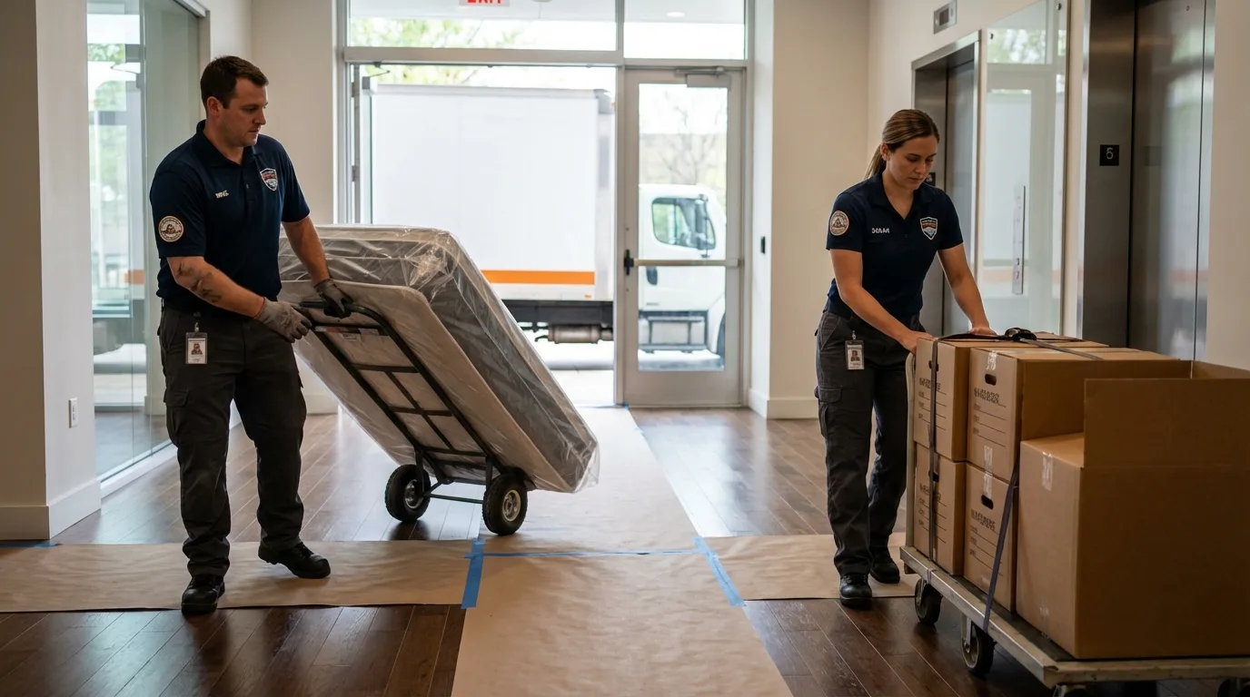 Professional apartment movers loading elevator in Clinton, MT